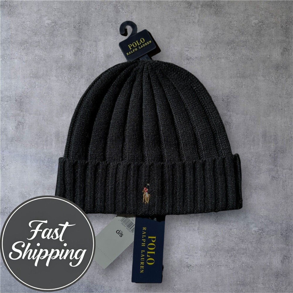 POLO RALPH LAUREN Beanie Hat Black Wool Blend Cuffed Rib Knit PONY LOGO NWT